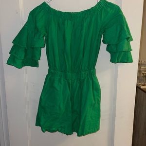 Green, off the shoulder romper with pockets. Size small